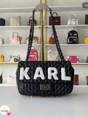 Karl Lagerfeld Agyness Black Quilted Shoulder Bag with White 'KARL' Applique